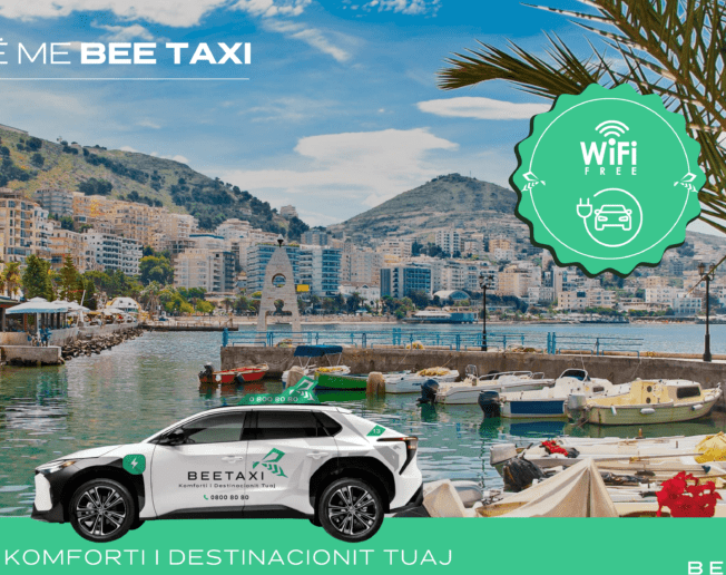 Electric taxi Bee Taxi in Tirana, green car