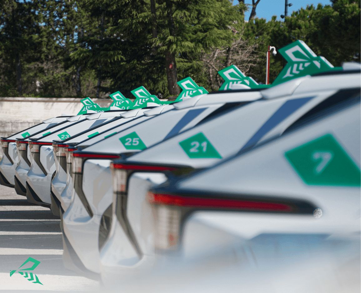A row of electric cars parked.