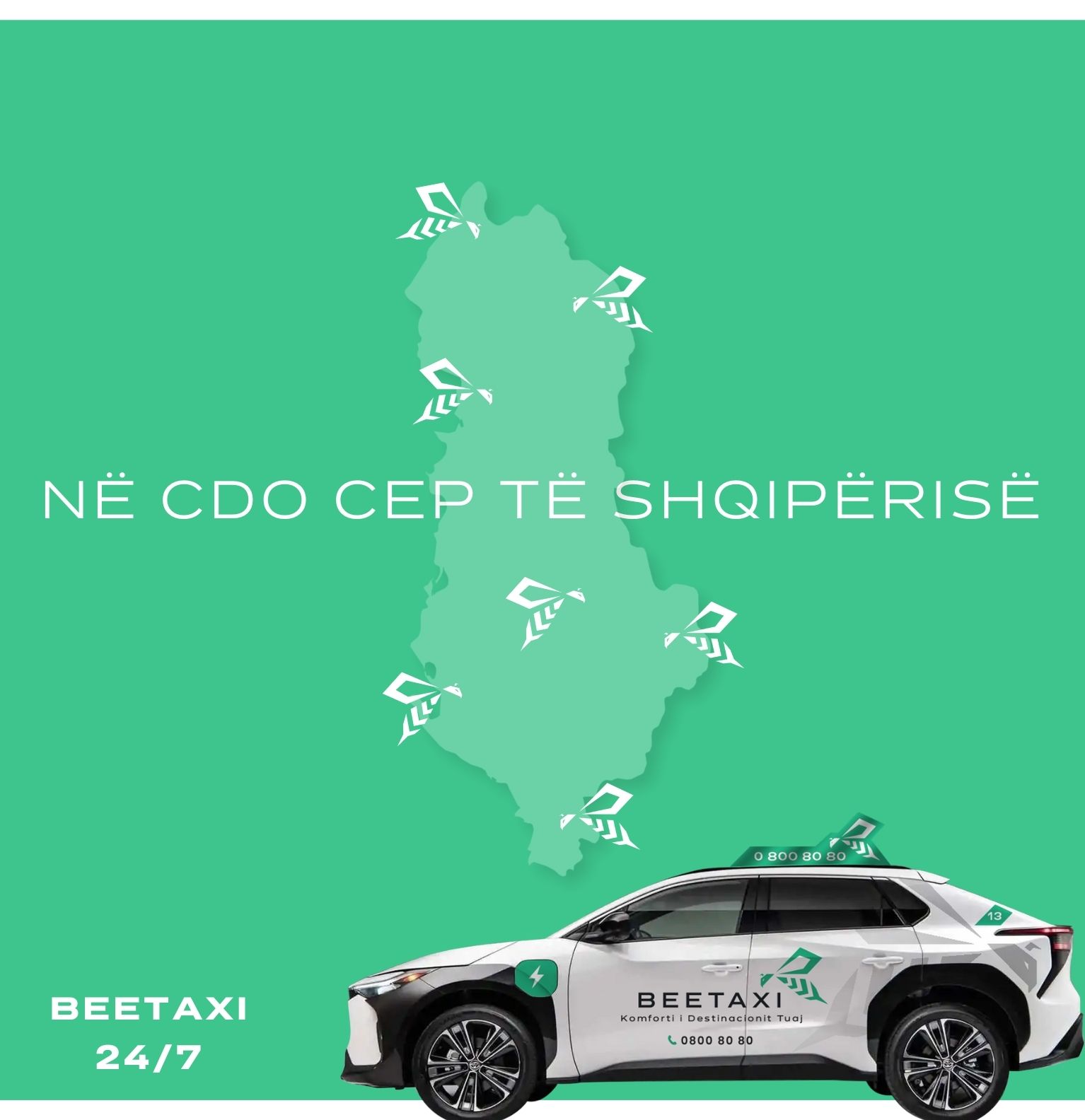 Bee Taxi car on a green background and info.